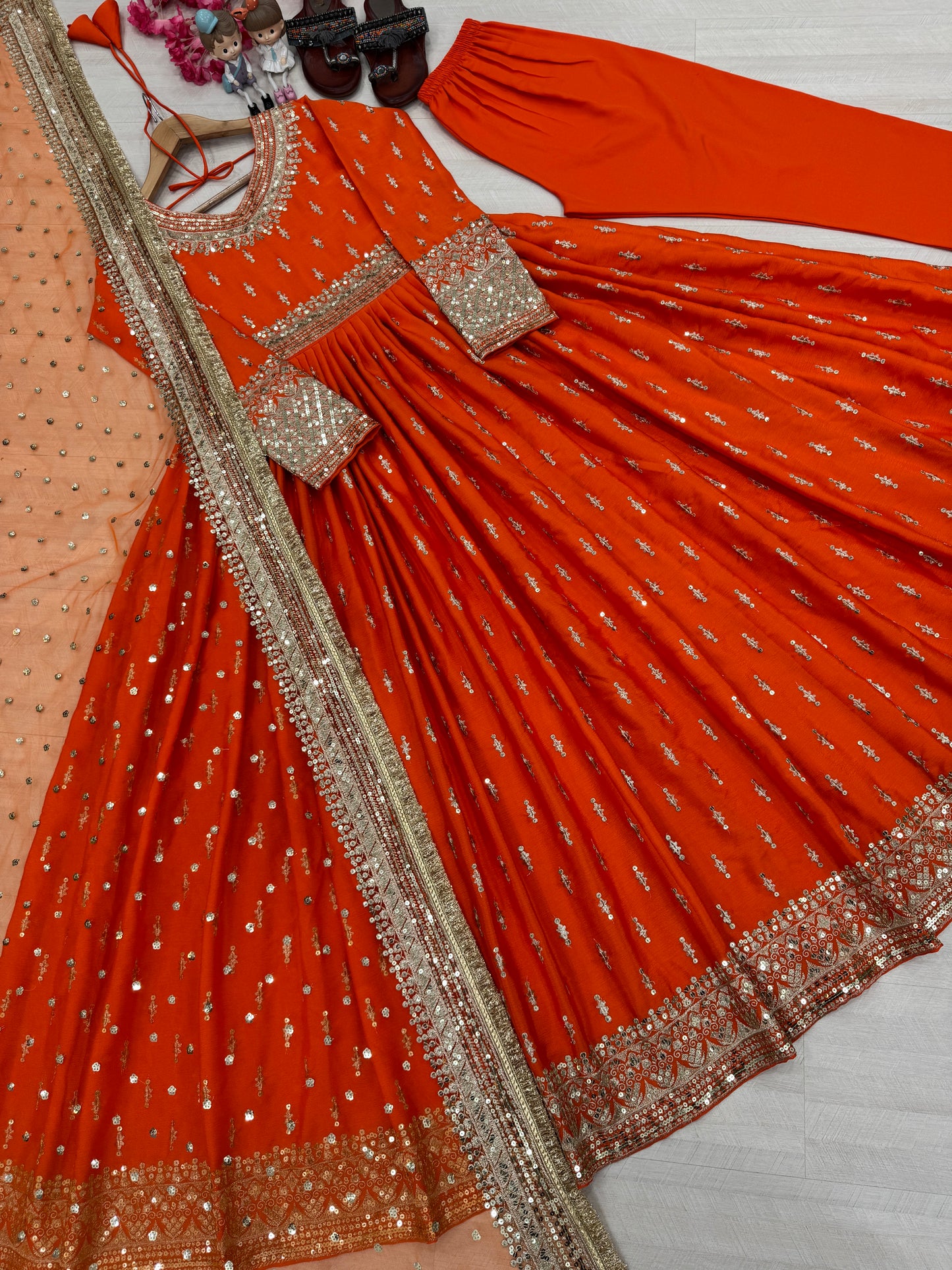 Elegant Chinon Silk Embroidered Anarkali Pant Set – Fully Stitched & Ready to Wear