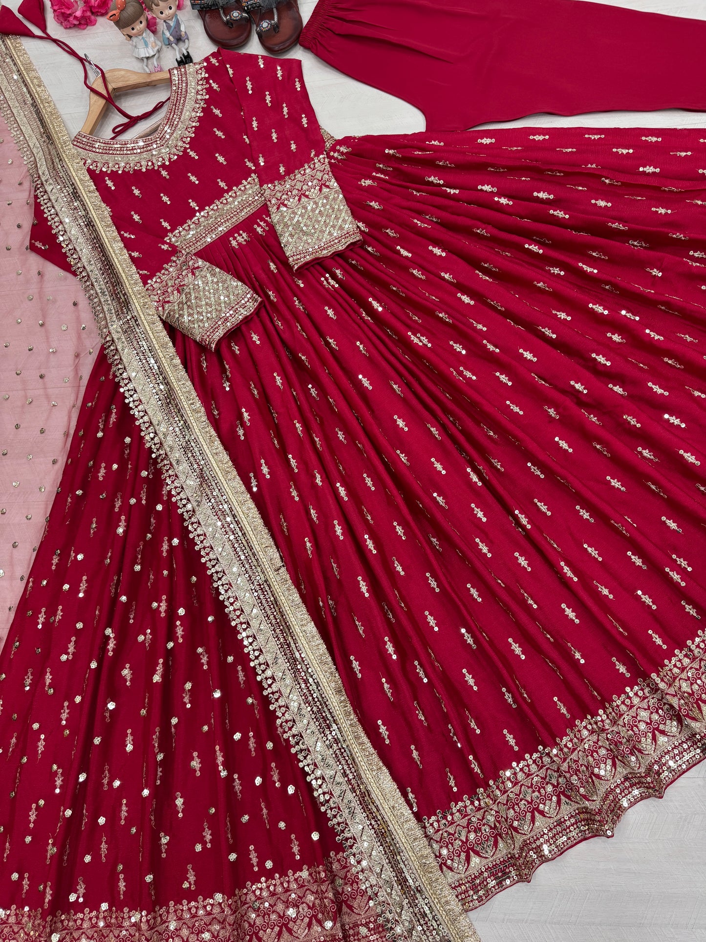 Elegant Chinon Silk Embroidered Anarkali Pant Set – Fully Stitched & Ready to Wear