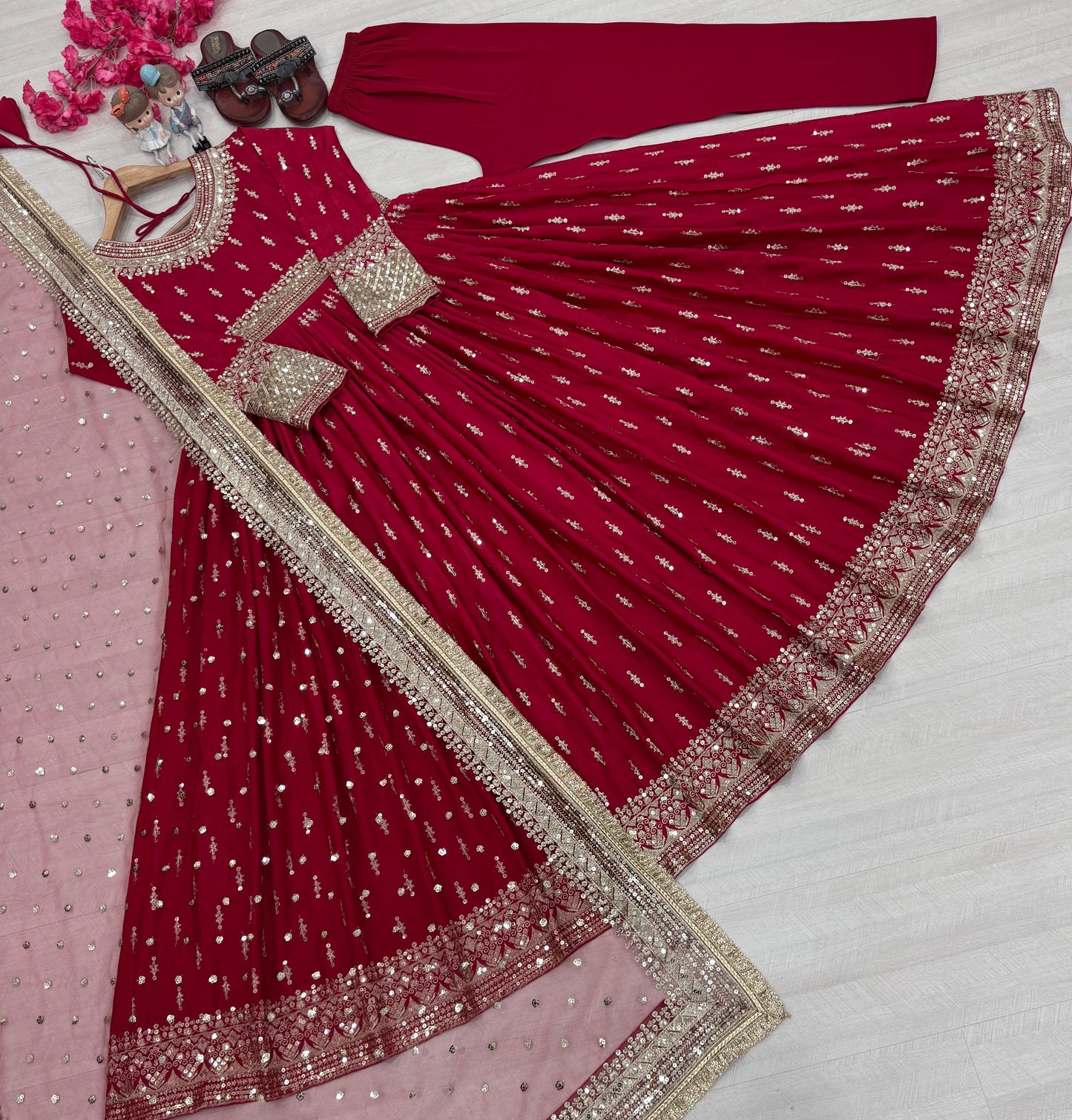 Elegant Chinon Silk Embroidered Anarkali Pant Set – Fully Stitched & Ready to Wear