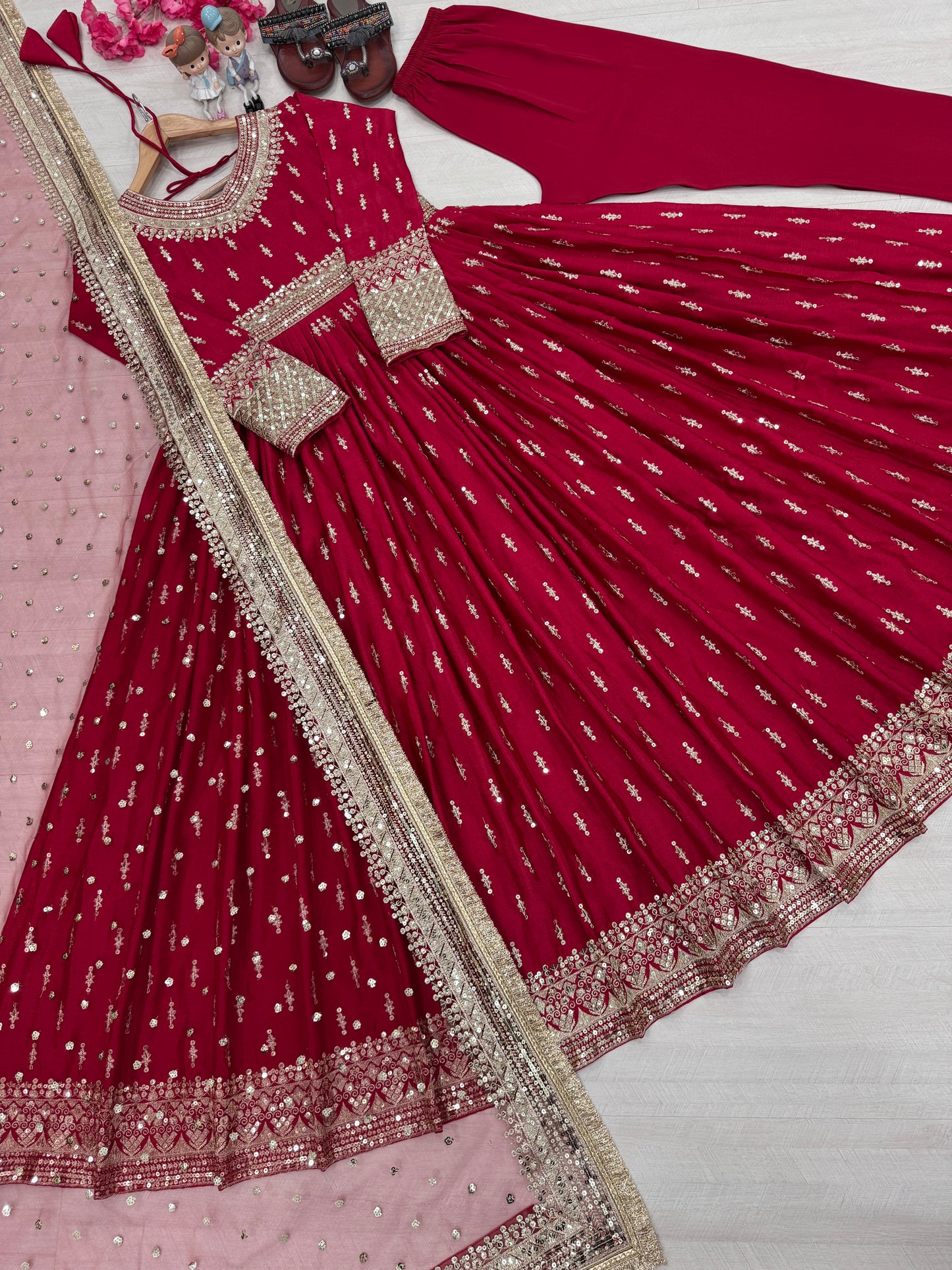 Elegant Chinon Silk Embroidered Anarkali Pant Set – Fully Stitched & Ready to Wear