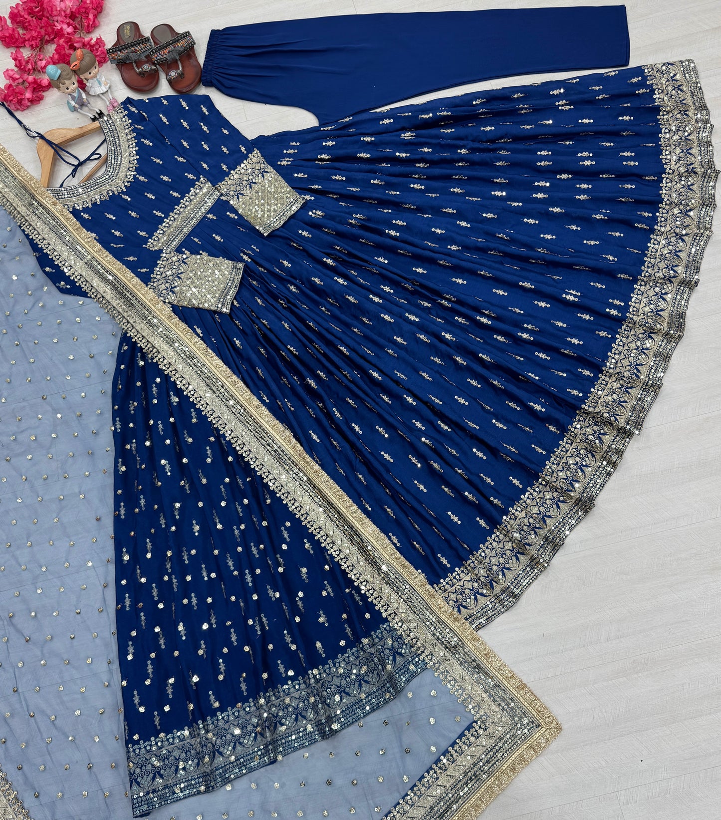 Elegant Chinon Silk Embroidered Anarkali Pant Set – Fully Stitched & Ready to Wear
