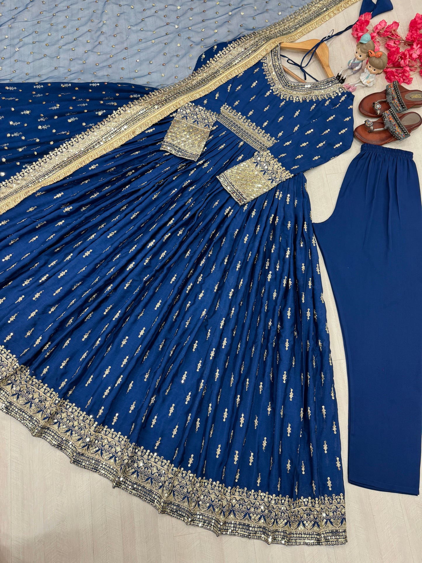 Elegant Chinon Silk Embroidered Anarkali Pant Set – Fully Stitched & Ready to Wear