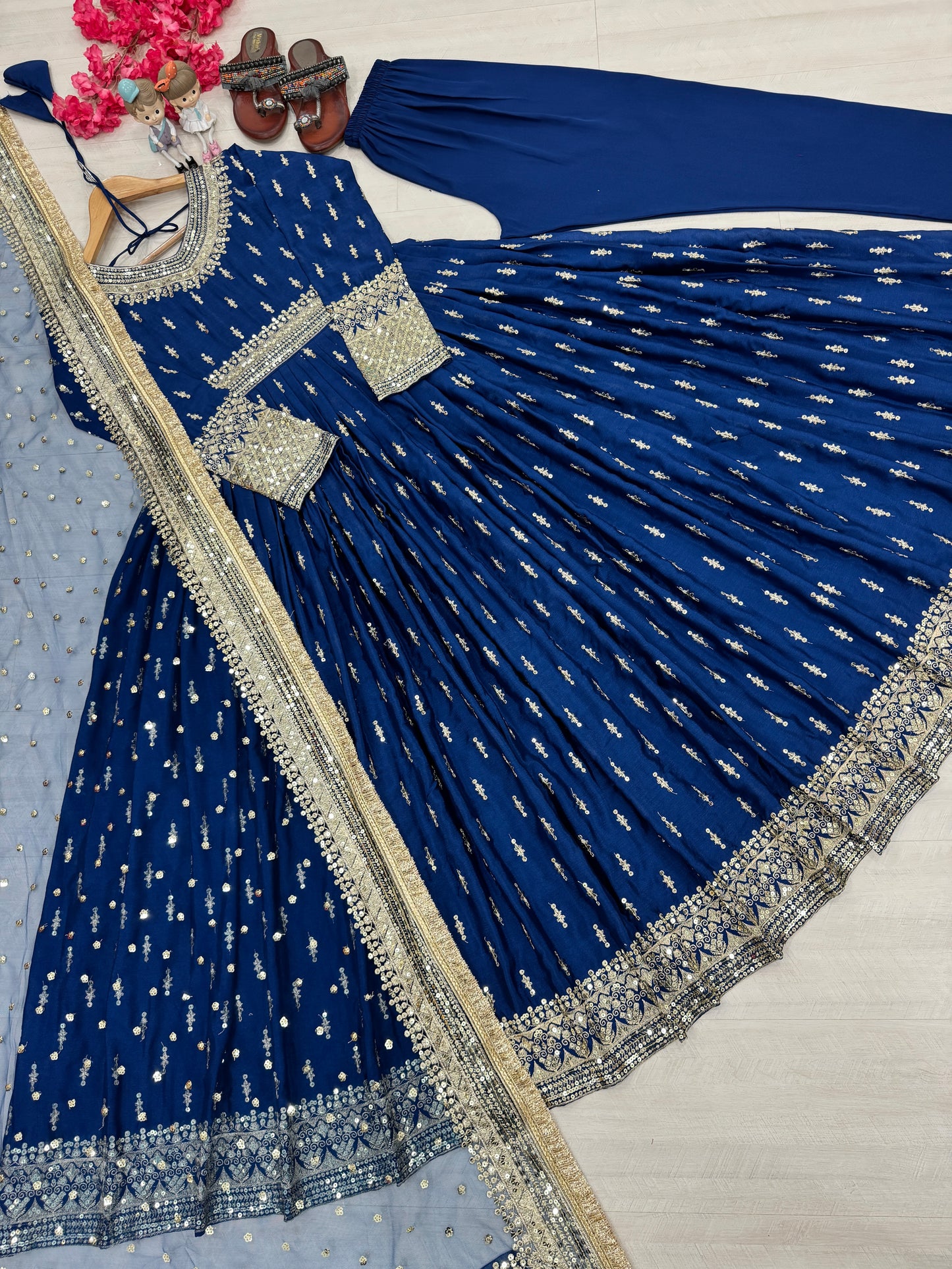 Elegant Chinon Silk Embroidered Anarkali Pant Set – Fully Stitched & Ready to Wear