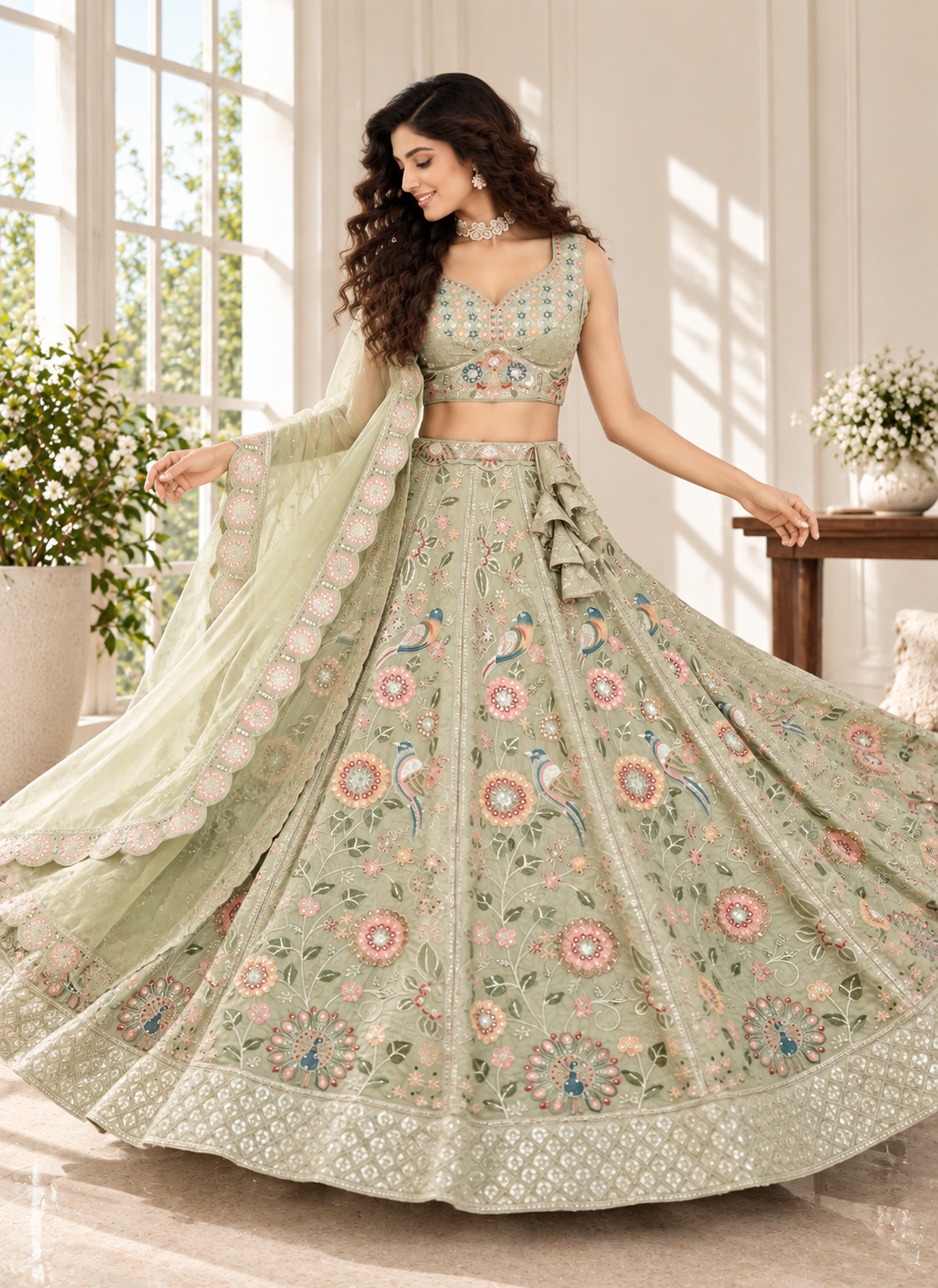 Pastel Green Crush Silk Floral Sequin Lehenga Choli