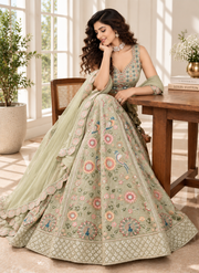 Pastel Green Crush Silk Floral Sequin Lehenga Choli
