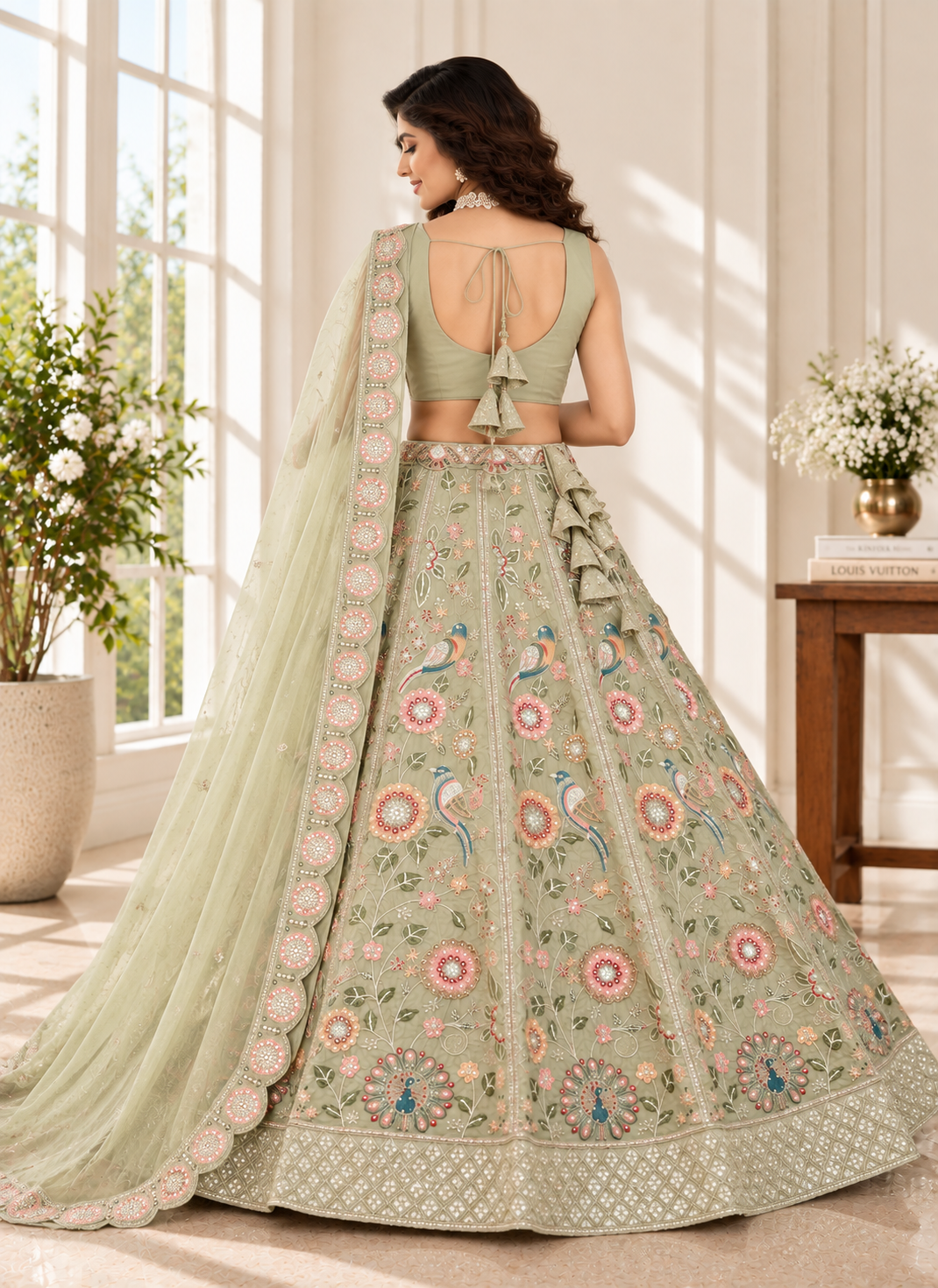 Pastel Green Crush Silk Floral Sequin Lehenga Choli