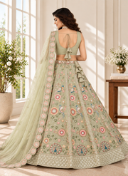 Pastel Green Crush Silk Floral Sequin Lehenga Choli