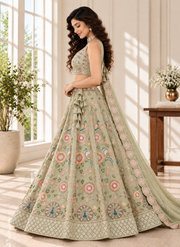Pastel Green Crush Silk Floral Sequin Lehenga Choli