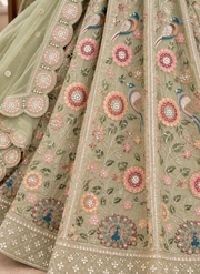 Pastel Green Crush Silk Floral Sequin Lehenga Choli