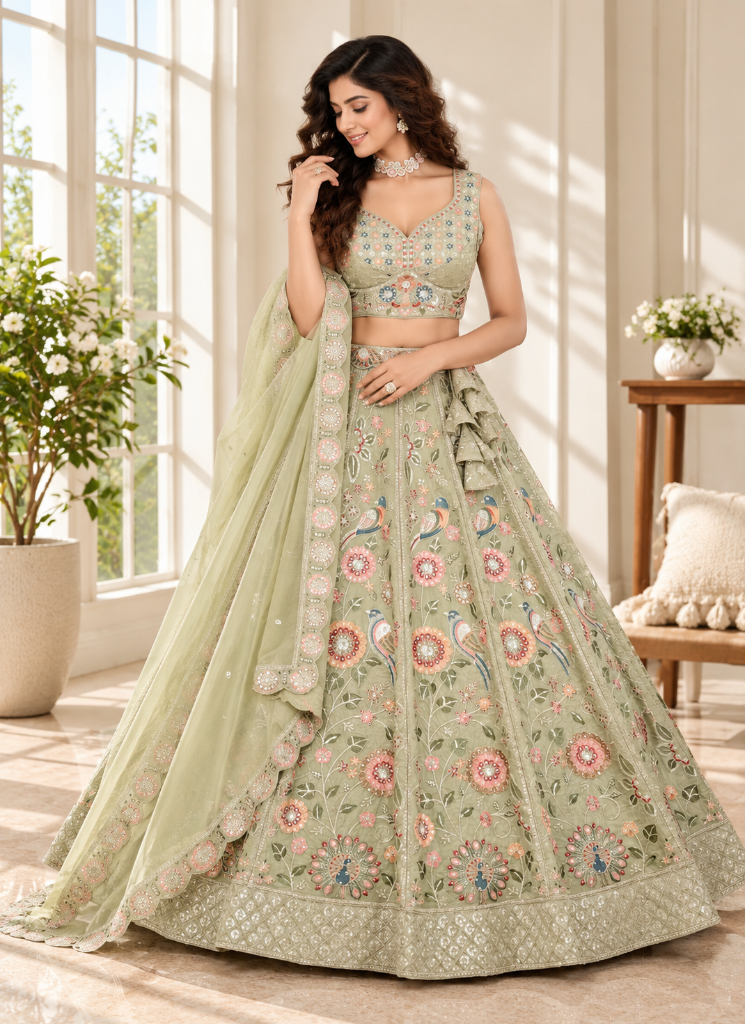 Pastel Green Crush Silk Floral Sequin Lehenga Choli