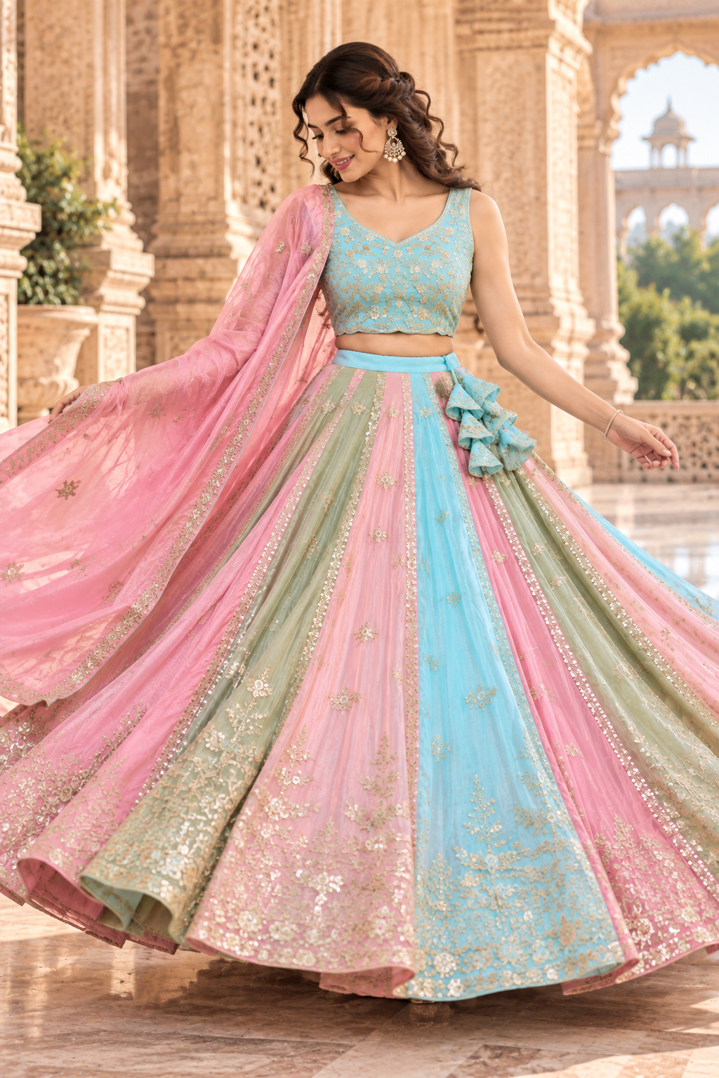 Multicolor Chinon Silk Sequin Lehenga Choli