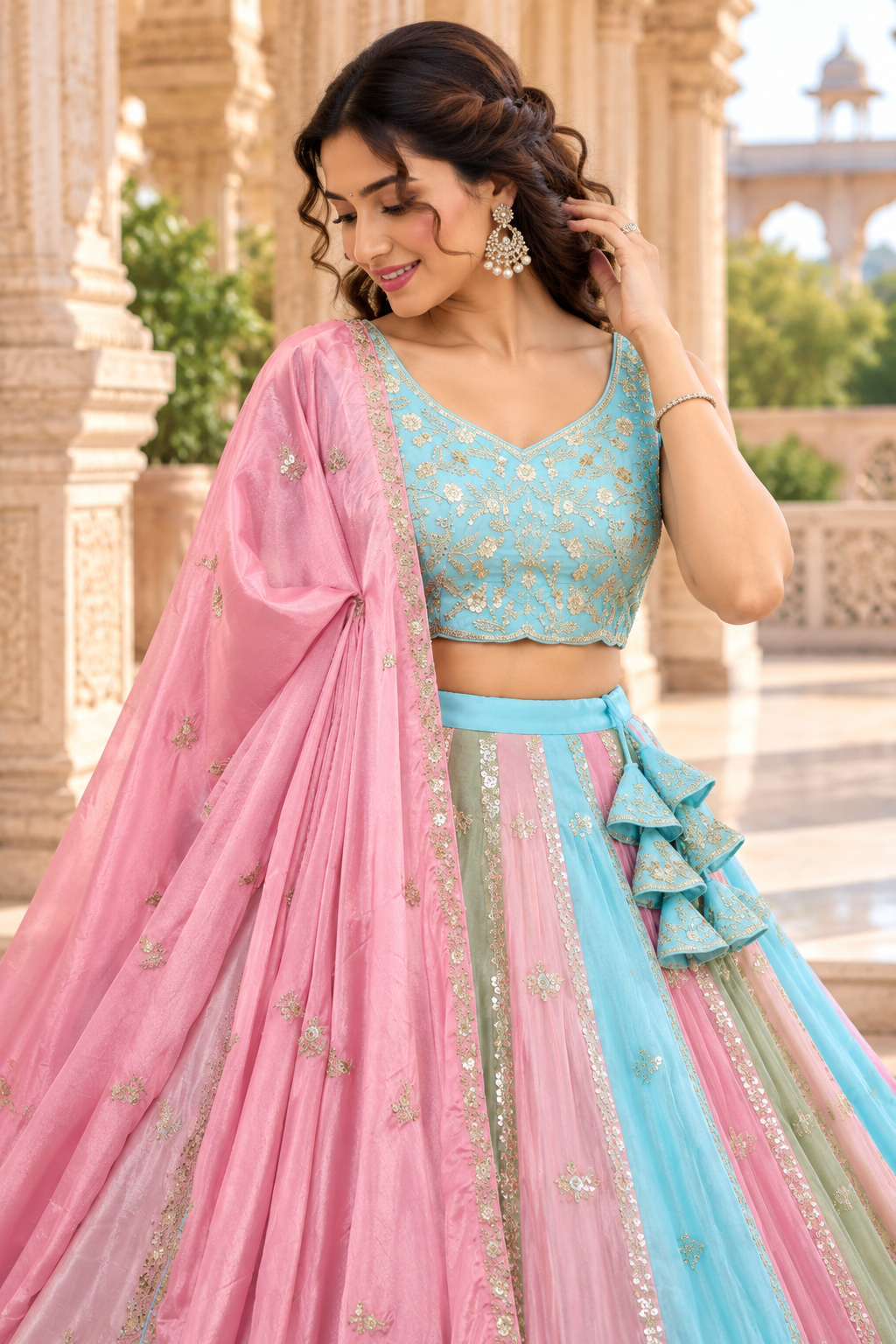 Multicolor Chinon Silk Sequin Lehenga Choli