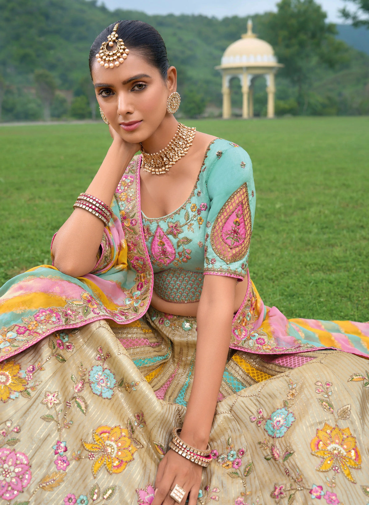 Pastel Multicolor Embroidered Lehenga Choli with Net Dupatta