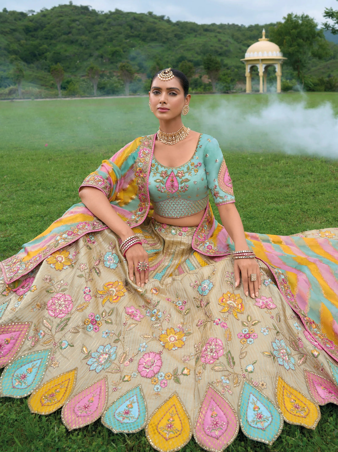 Pastel Multicolor Embroidered Lehenga Choli with Net Dupatta