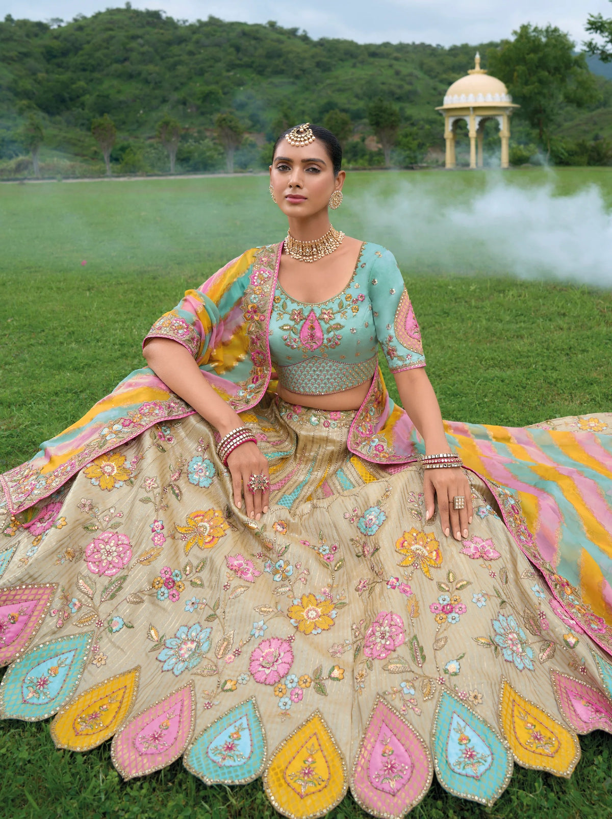 Pastel Multicolor Embroidered Lehenga Choli with Net Dupatta