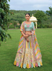 Pastel Multicolor Embroidered Lehenga Choli with Net Dupatta