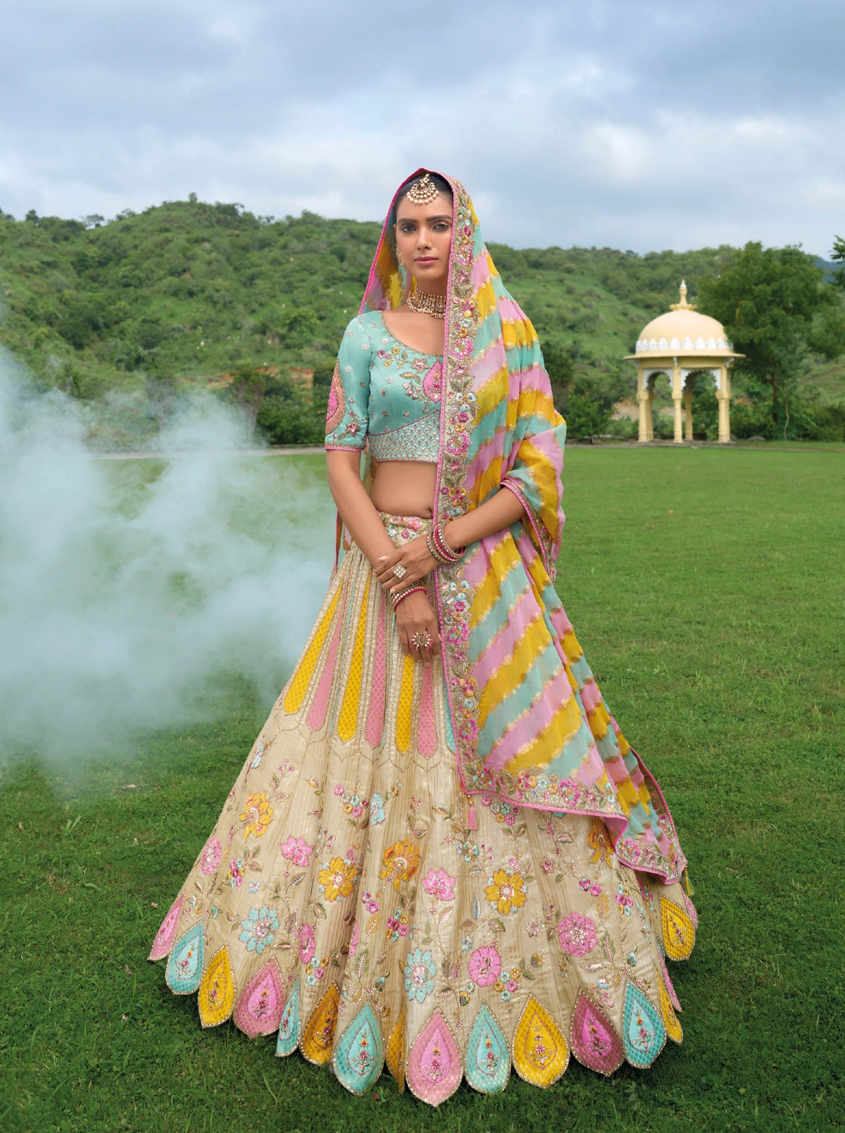 Pastel Multicolor Embroidered Lehenga Choli with Net Dupatta