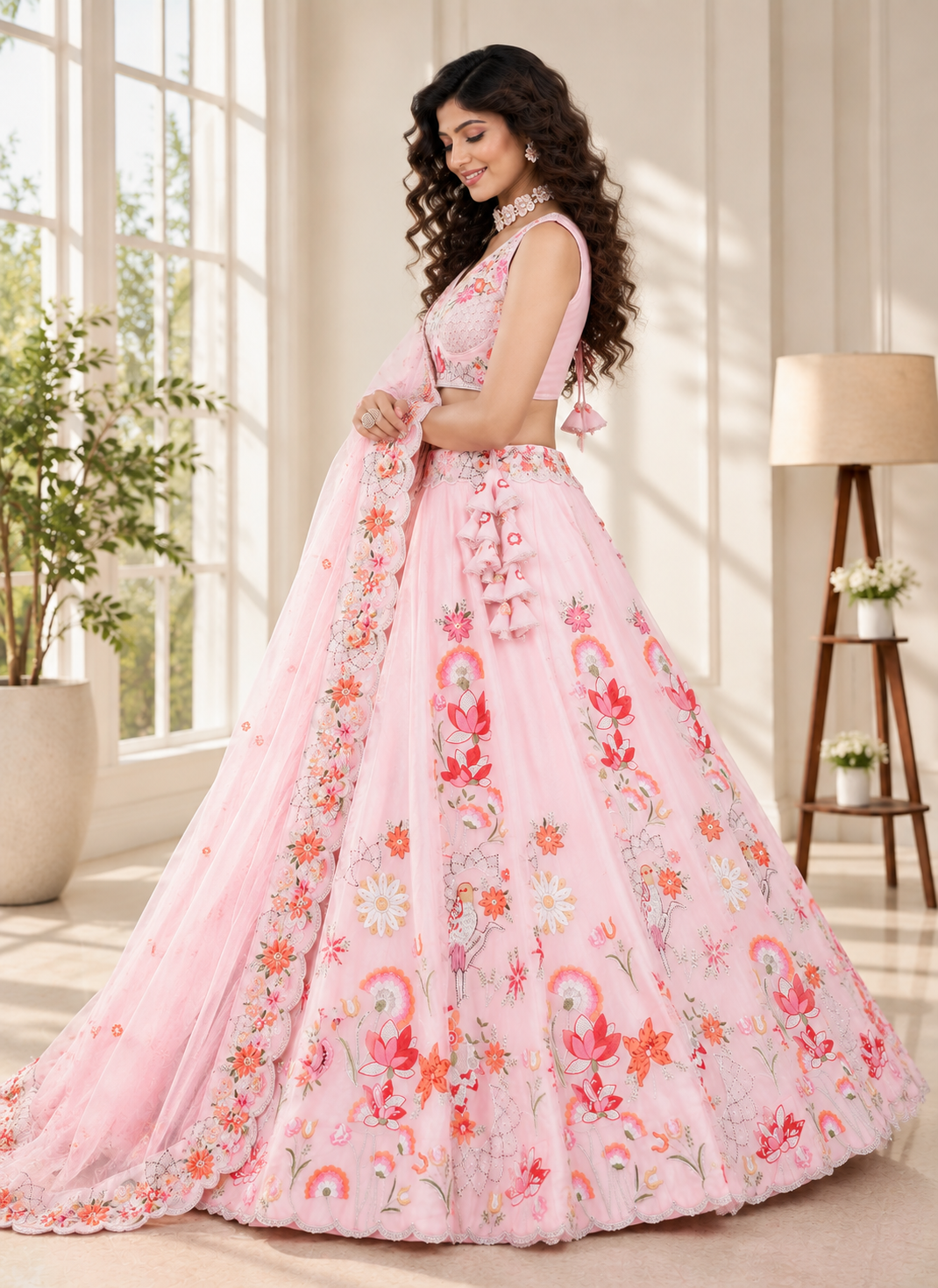 Pastel Pink Fendi Silk Sequin Embroidered Lehenga Choli