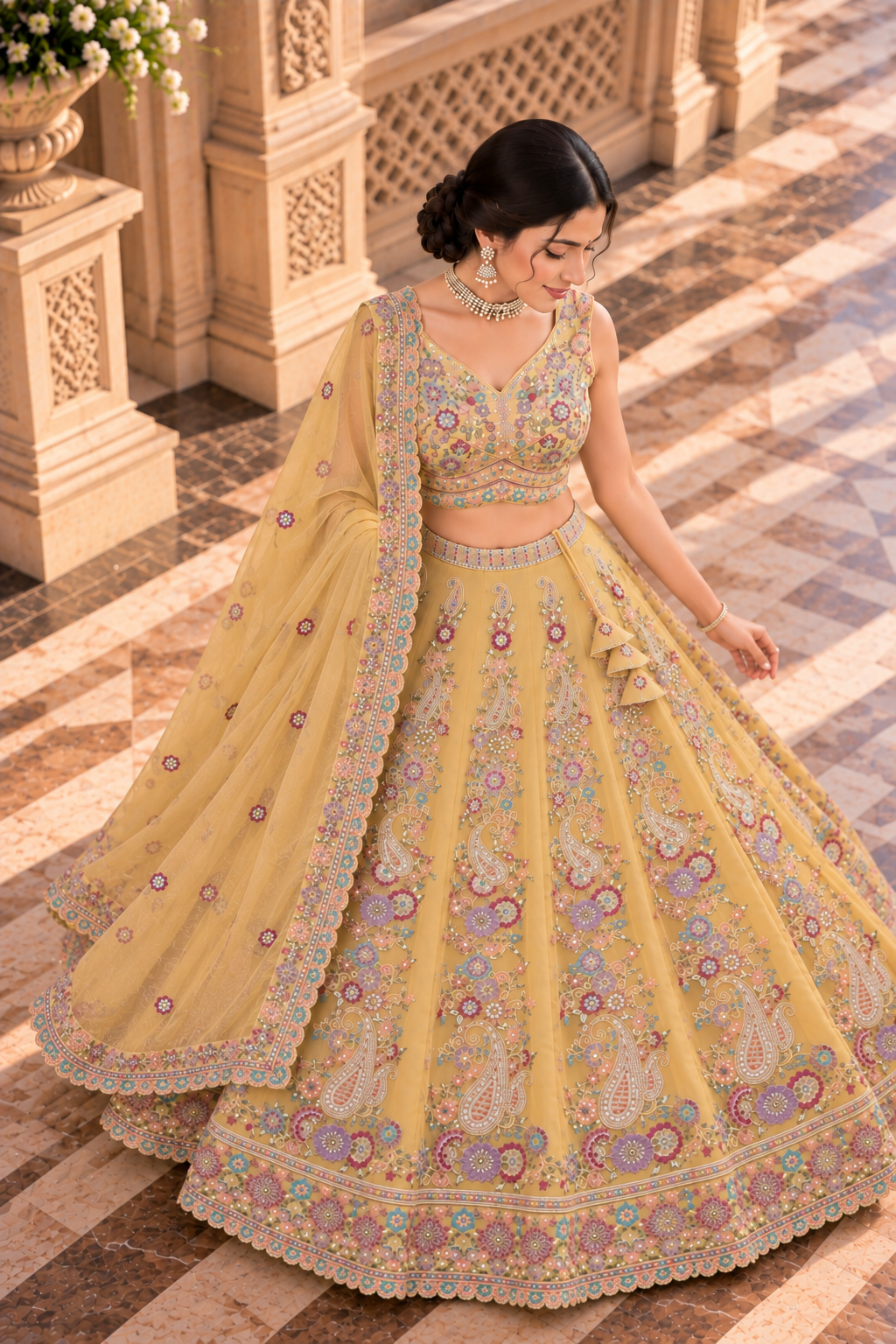 Pastel Yellow Star Georgette Sequin Lehenga Choli