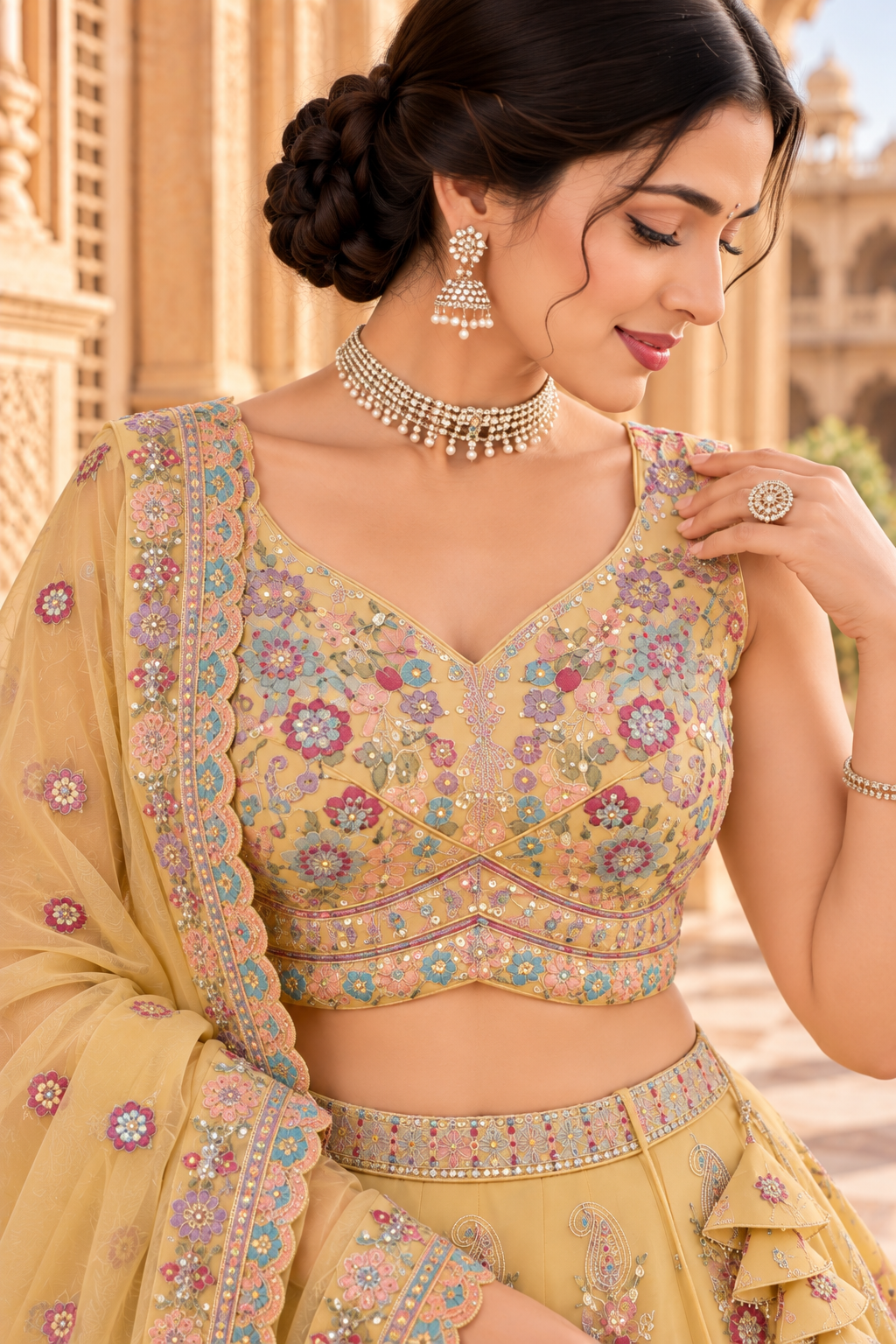 Pastel Yellow Star Georgette Sequin Lehenga Choli