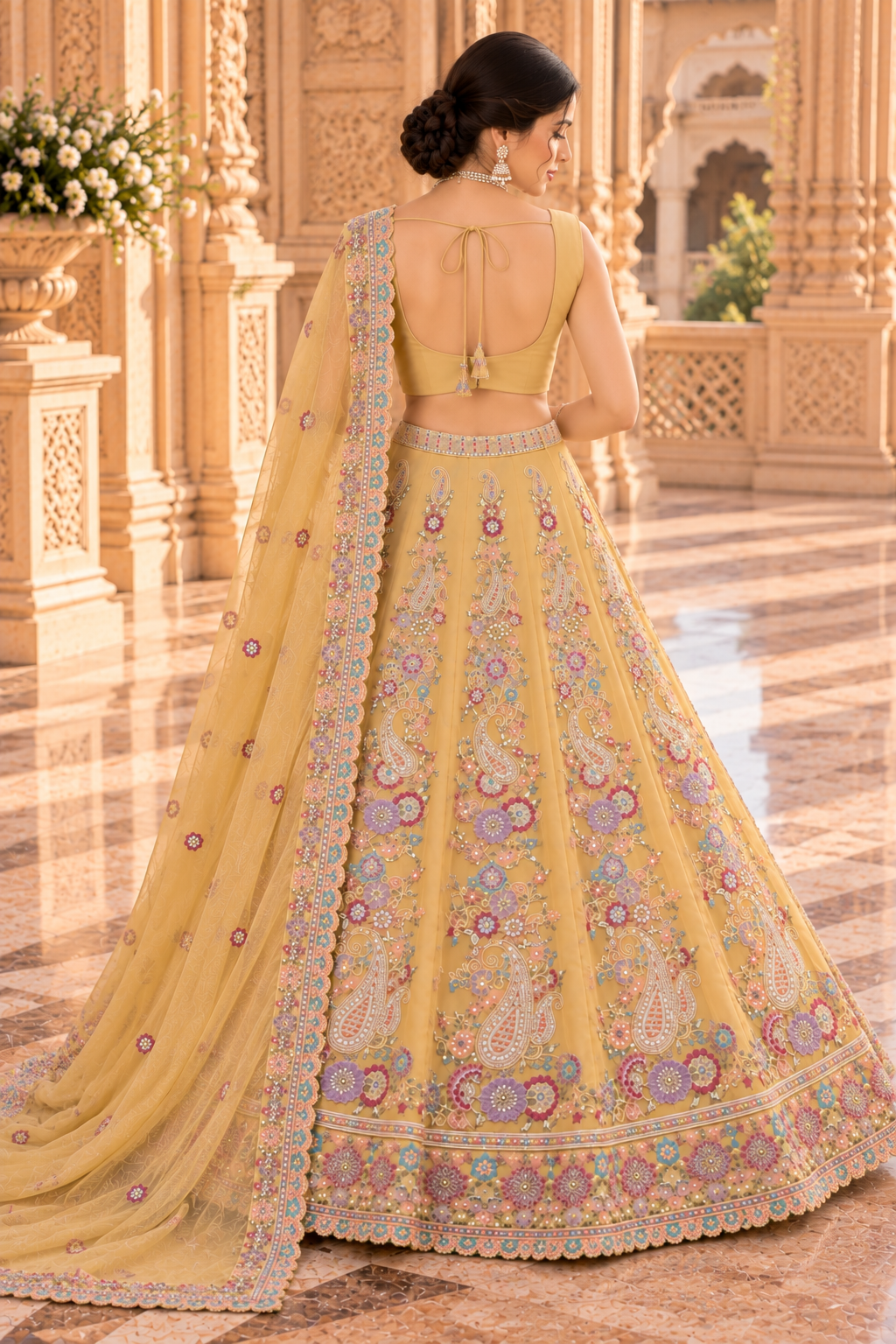 Pastel Yellow Star Georgette Sequin Lehenga Choli