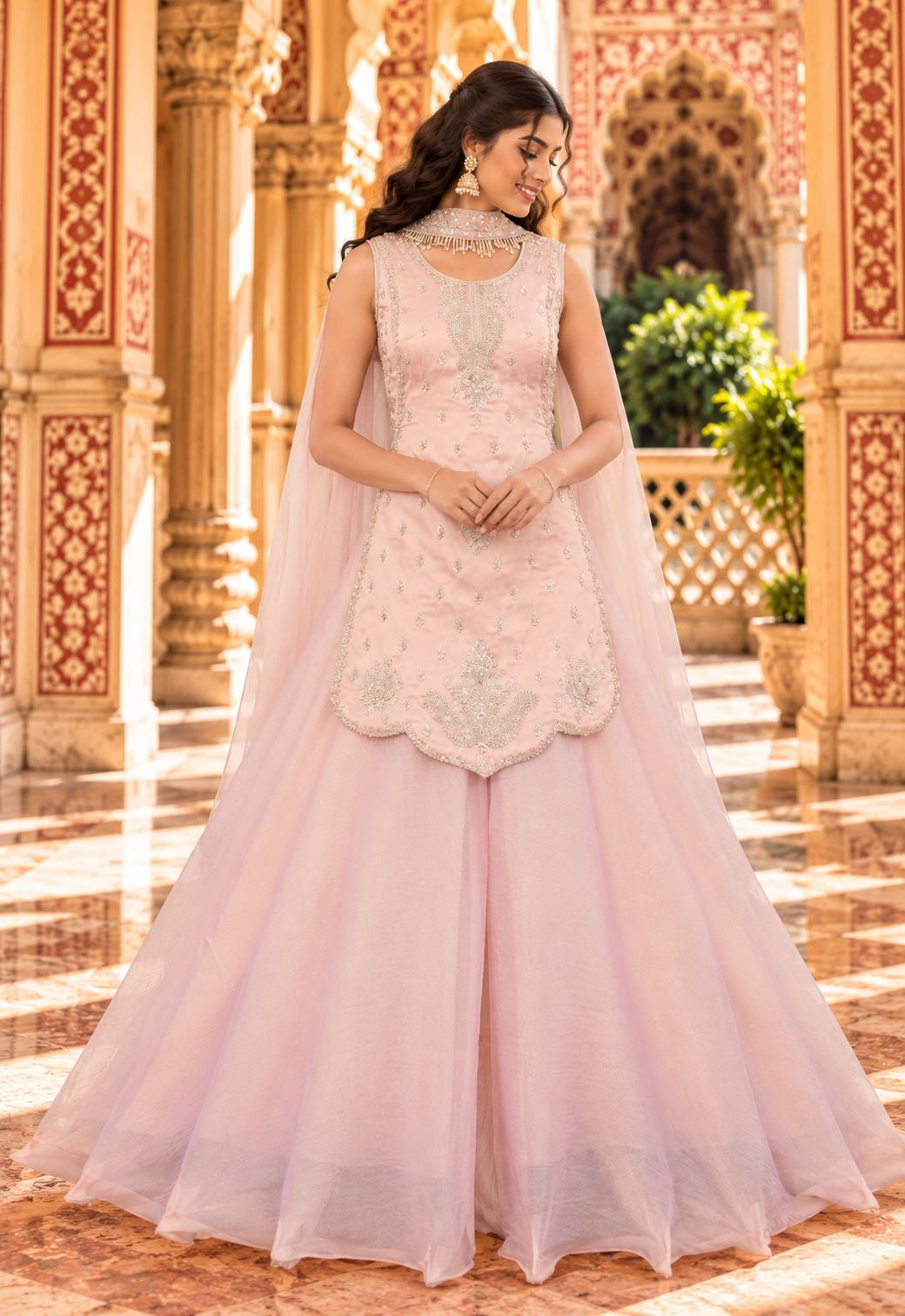 Peach Malbari Silk Bead & Sequin Sharara Set
