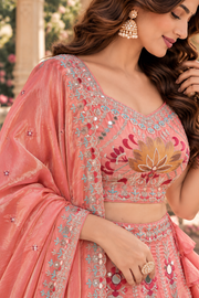 Peach Pink Embroidered Lehenga with Mirror Work