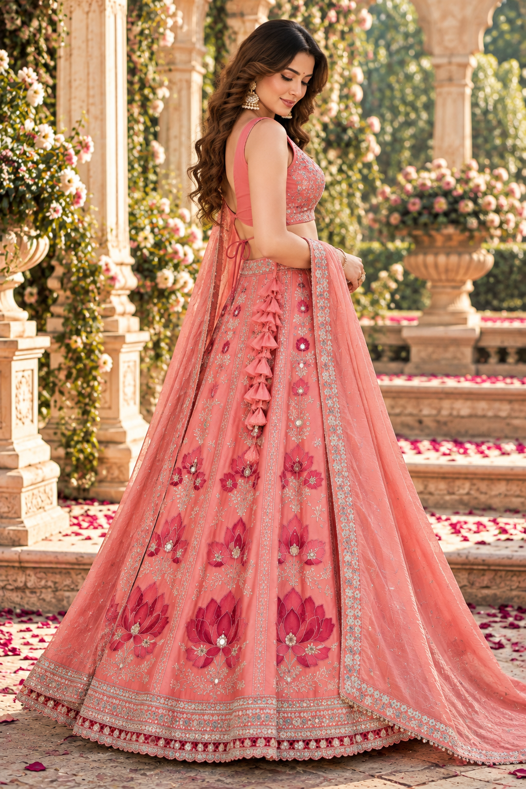 Peach Pink Embroidered Lehenga with Mirror Work