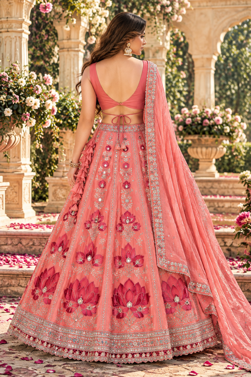 Peach Pink Embroidered Lehenga with Mirror Work