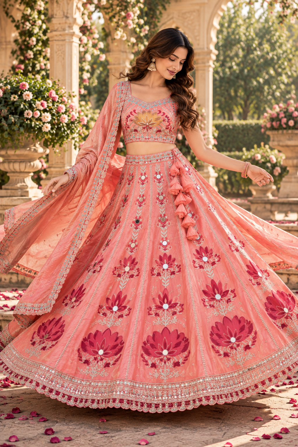 Peach Pink Embroidered Lehenga with Mirror Work