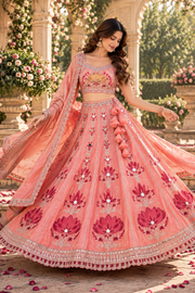 Peach Pink Embroidered Lehenga with Mirror Work