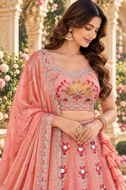 Peach Pink Embroidered Lehenga with Mirror Work