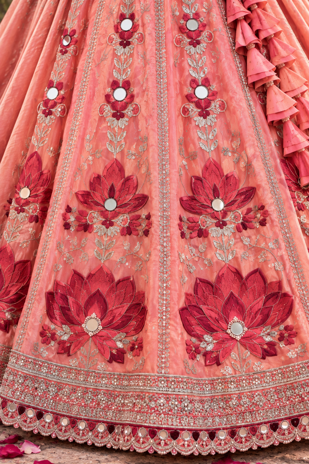 Peach Pink Embroidered Lehenga with Mirror Work