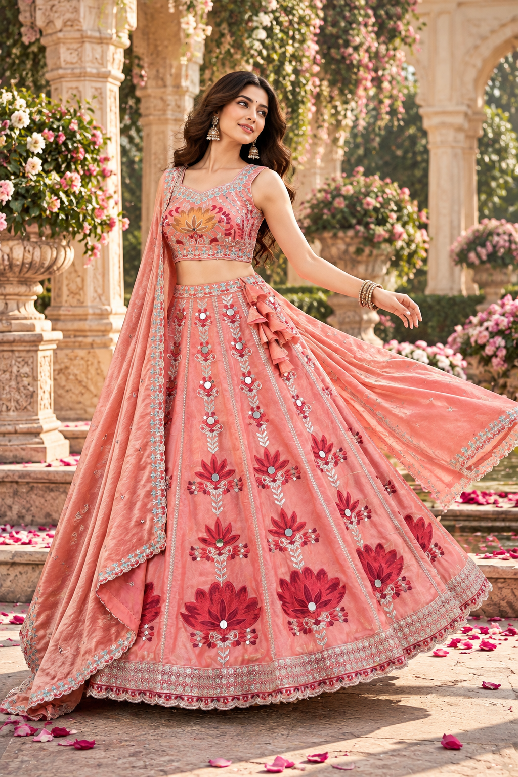 Peach Pink Embroidered Lehenga with Mirror Work