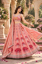 Peach Pink Embroidered Lehenga with Mirror Work