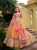 Peach Pink Printed Fancy Silk Mirror Embroidered Lehenga Choli