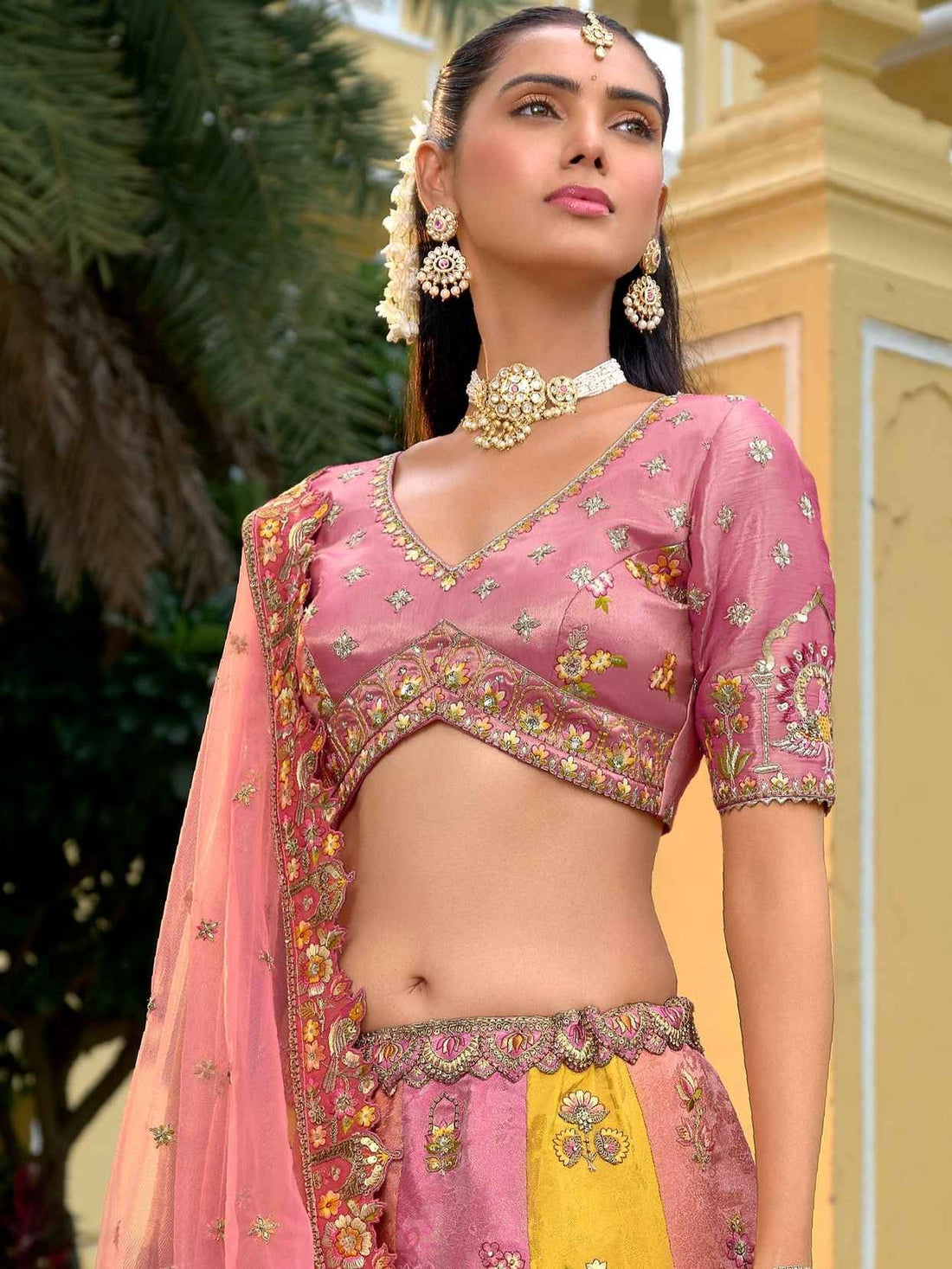 Peach Pink Printed Fancy Silk Mirror Embroidered Lehenga Choli