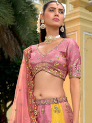 Peach Pink Printed Fancy Silk Mirror Embroidered Lehenga Choli