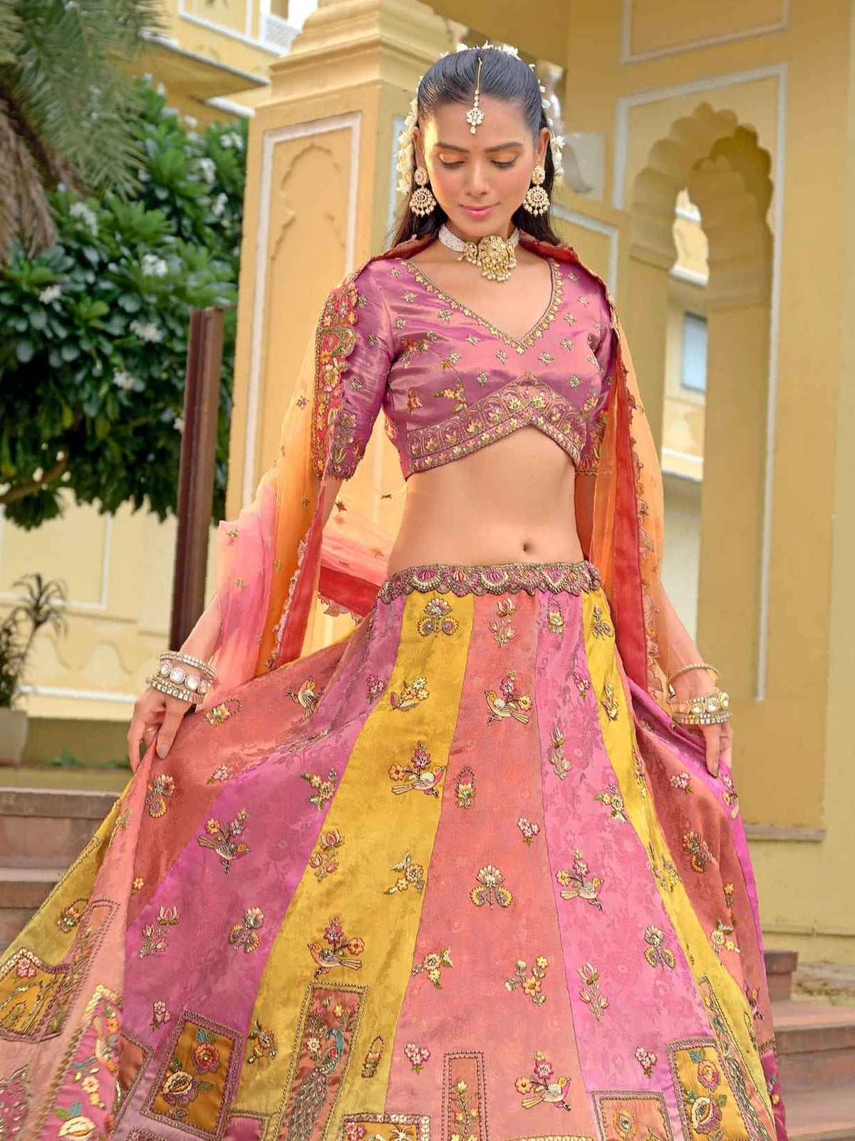 Peach Pink Printed Fancy Silk Mirror Embroidered Lehenga Choli