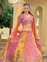 Peach Pink Printed Fancy Silk Mirror Embroidered Lehenga Choli