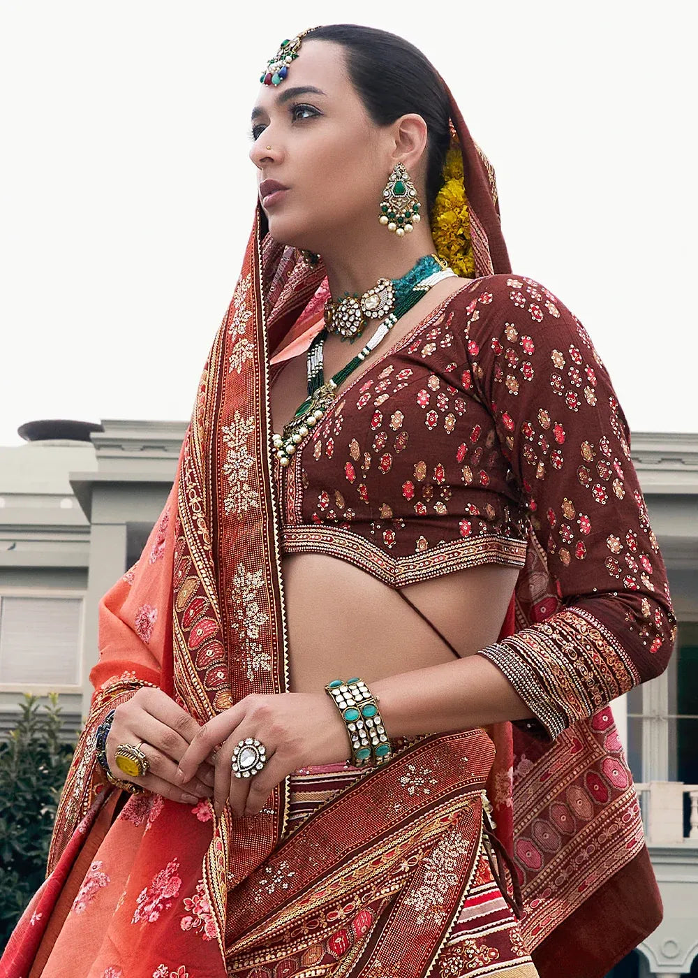 Peach Pink & Rust Orange Banarasi Silk Zari Lehenga Choli