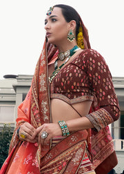 Peach Pink & Rust Orange Banarasi Silk Zari Lehenga Choli