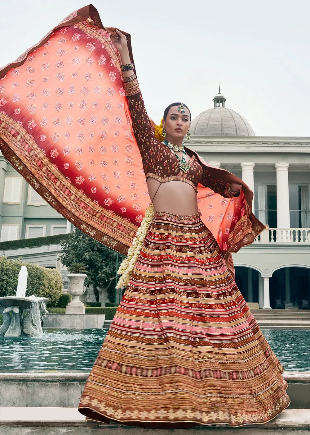 Peach Pink & Rust Orange Banarasi Silk Zari Lehenga Choli