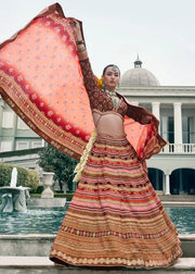 Peach Pink & Rust Orange Banarasi Silk Zari Lehenga Choli