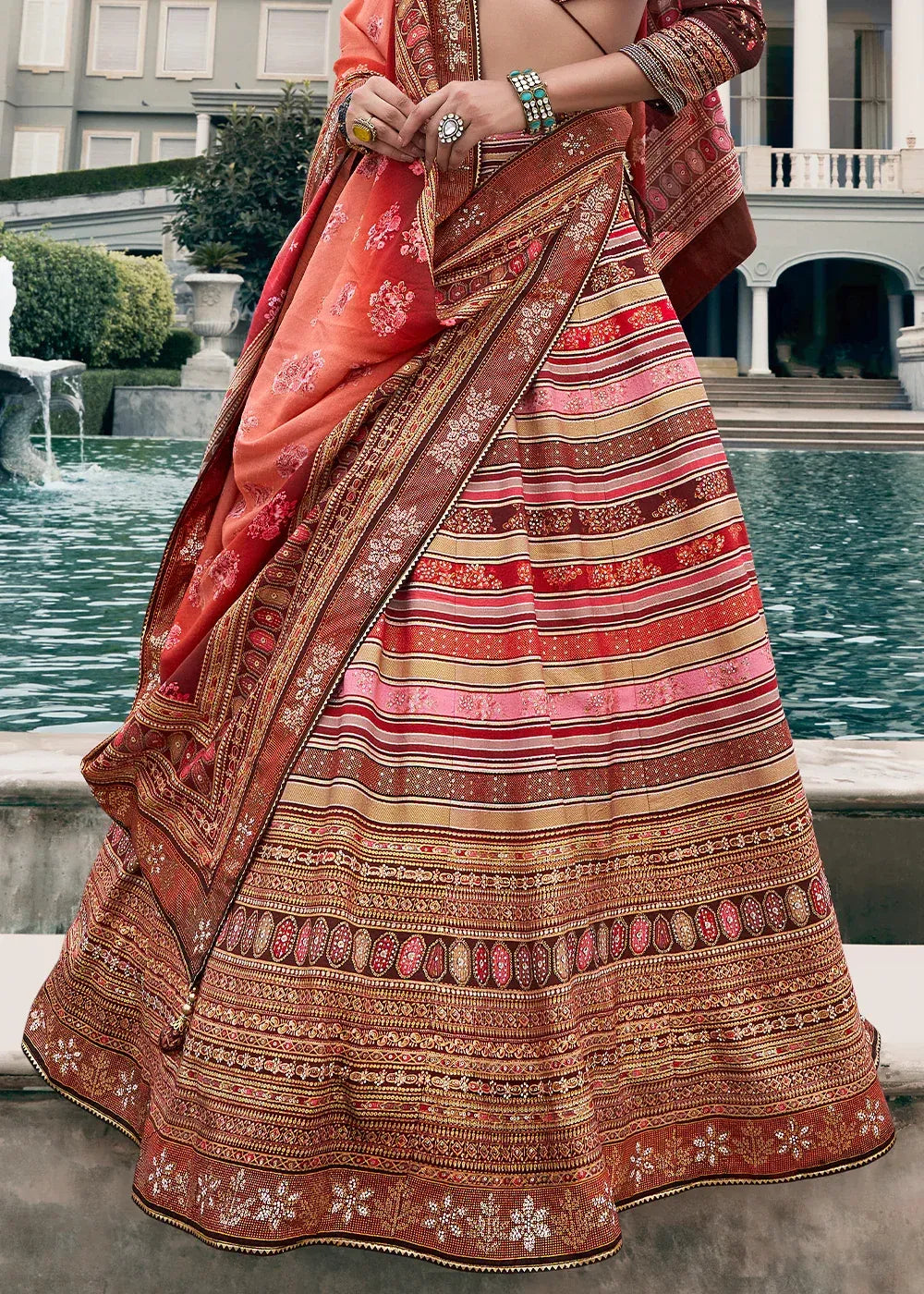 Peach Pink & Rust Orange Banarasi Silk Zari Lehenga Choli