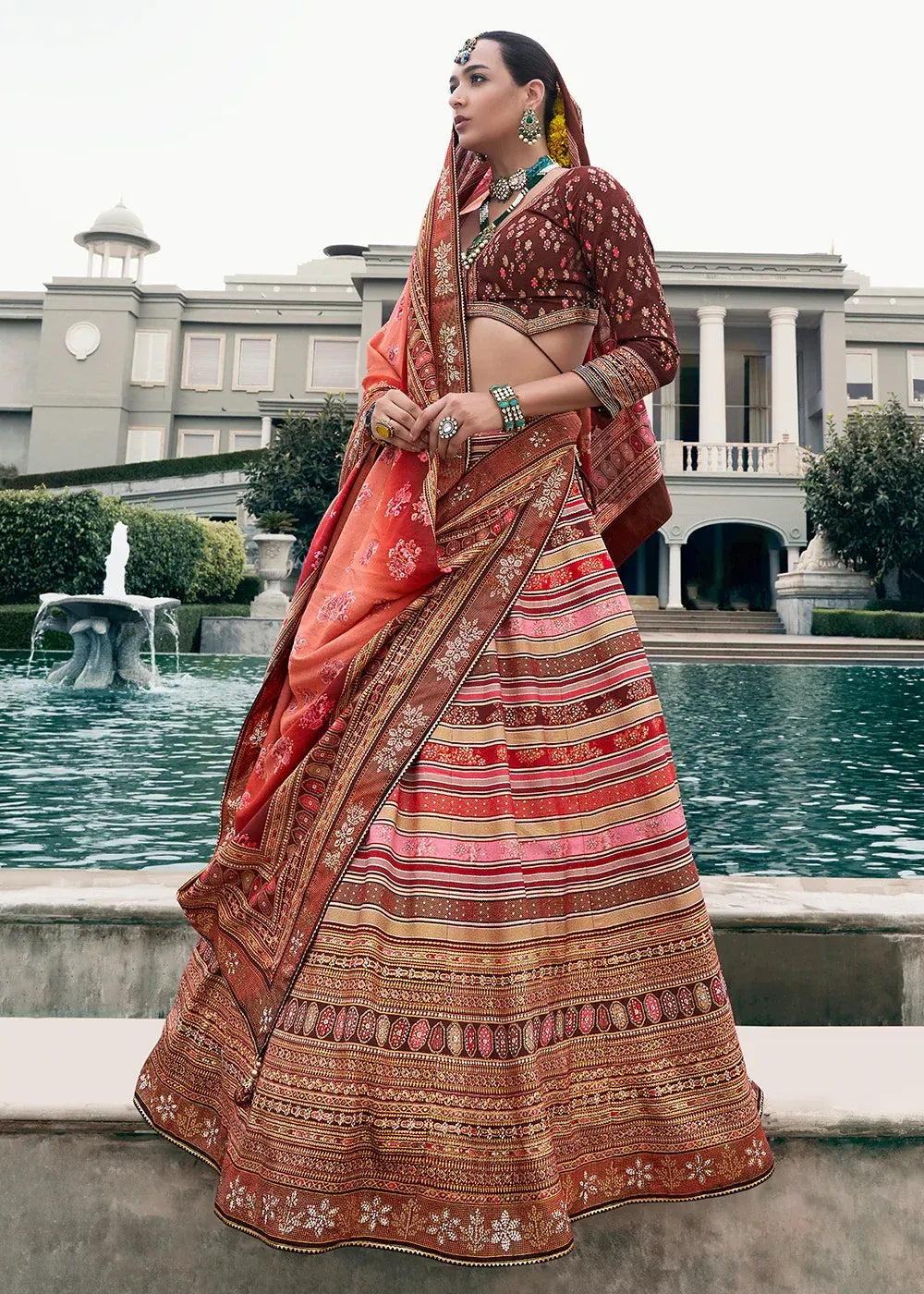 Peach Pink & Rust Orange Banarasi Silk Zari Lehenga Choli