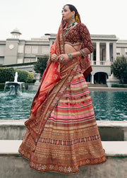 Peach Pink & Rust Orange Banarasi Silk Zari Lehenga Choli
