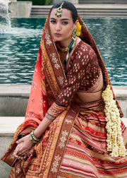 Peach Pink & Rust Orange Banarasi Silk Zari Lehenga Choli