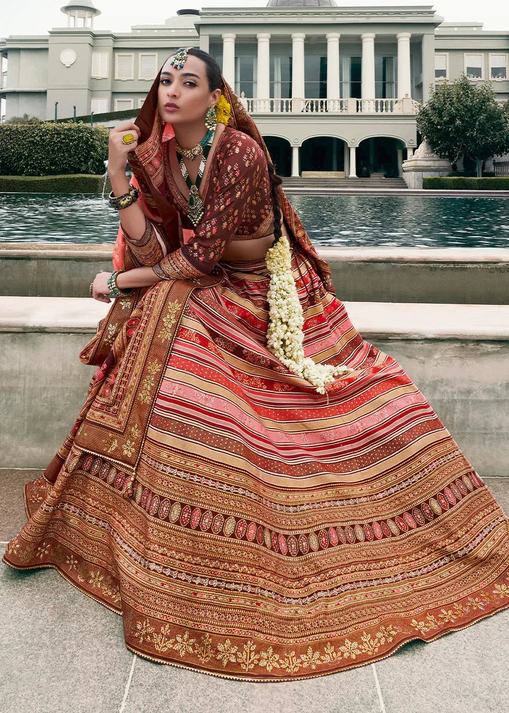 Peach Pink & Rust Orange Banarasi Silk Zari Lehenga Choli