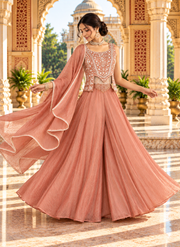 Peach Salsa Silk Bead & Sequin Embroidered Sharara Set